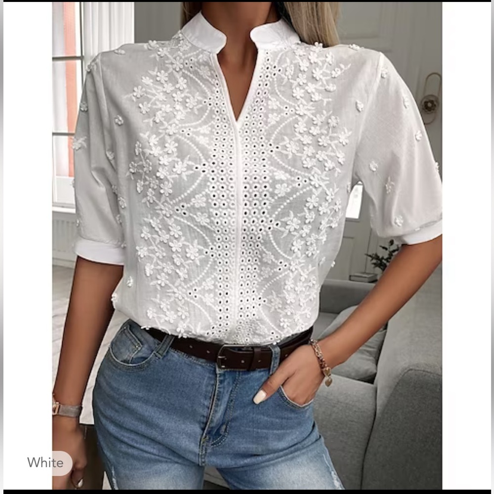 Women's Shirt Blouse White Eyelet Tops White Floral Plain size L New